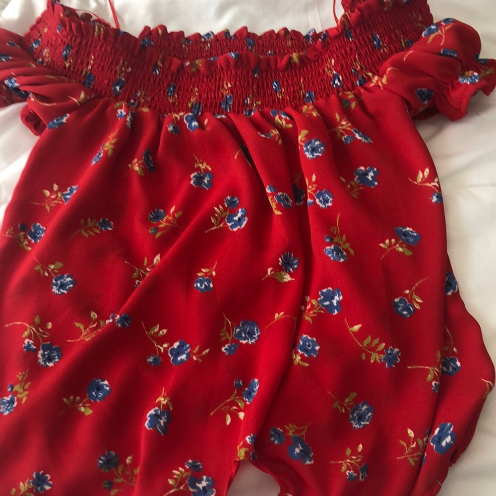 Red off the shoulder top with blue flowers